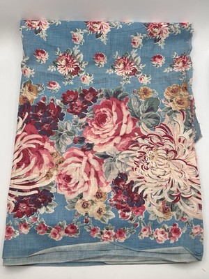 Peonies Floral Fabric Blue Pink Lightweight Cotton BTY