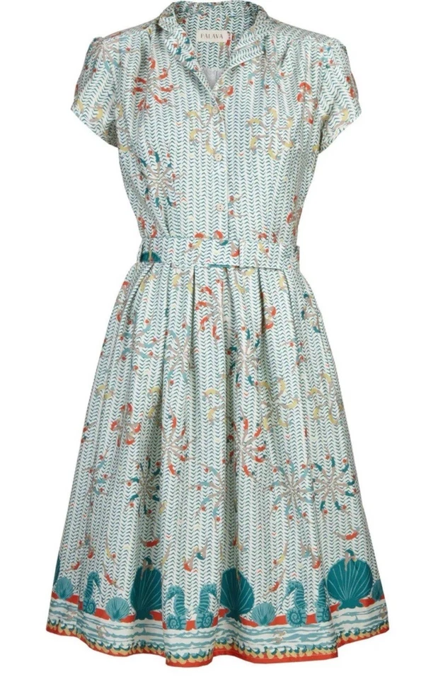 Vestido Retro Palava Louise EE. UU. 14/Reino Unido 18 Ajuste y Acampanado Algodón Orgánico Azul Lido Usado en Excelente Condición Foto 2 de 4