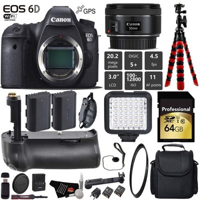 Canon EOS 6D DSLR Camera with 50mm f/1.8 STM Lens + Professional Battery Grip +