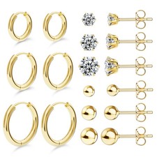 Hypoallergenic Stainless Steel Stud  Hoop  Ball Earrings Set 14K Cubic Zirconi