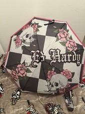 Ed Hardy Umbrella Auto Open/close Gray Pink Skull Pink Roses NWT