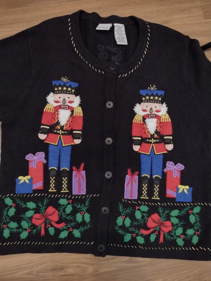 BOBBIE BROOKS Mujer XL Negro Navidad Suéter Cárdigan con Cascanueces Foto 2 de 4