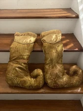 Pair Satin Gold Elf Shoe Christmas Stocking Victorian Style Damask 