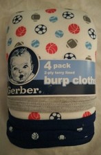 Gerber Baby Boy Sports Terry Lined Burp Cloths 4 - Pack Set