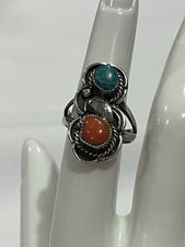 Navajo Turquoise Coral Ring Vtg Towering Leaf Design Teardrop Stone Sz 6