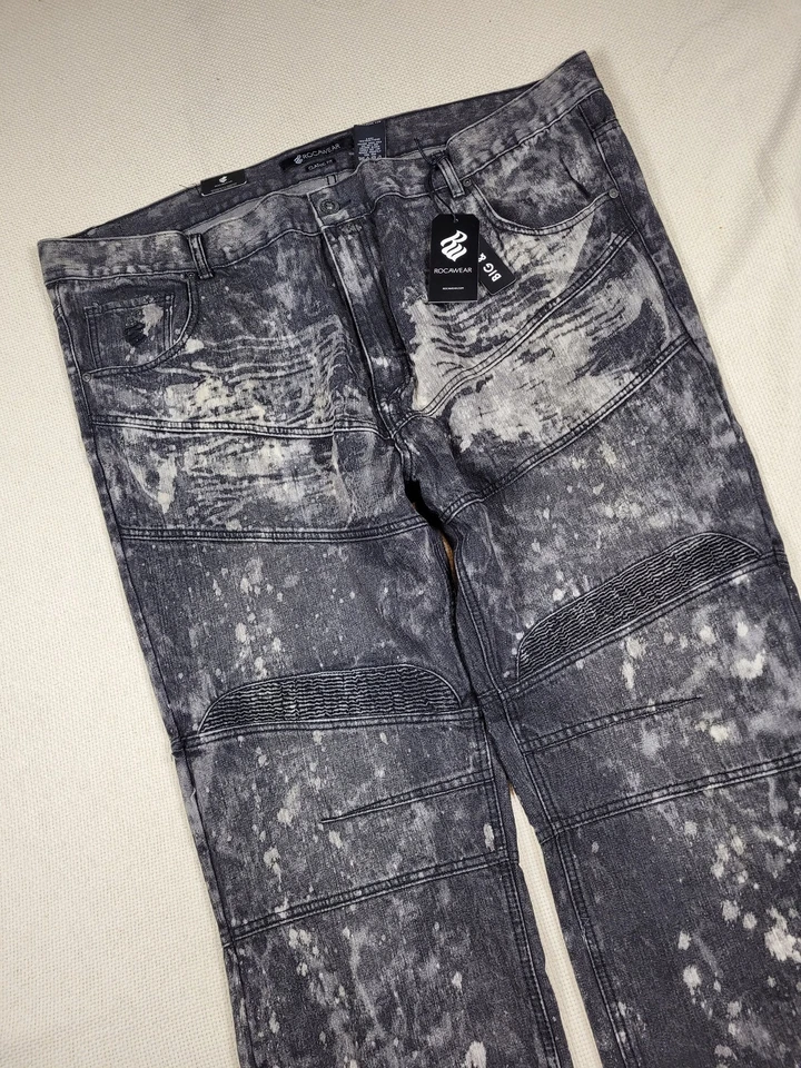 Vtg Rocawear Jeans Mens 48x34 Black Acid Wash Y2K Moto Biker Denim Hip Hop NWT - Image 3 of 4