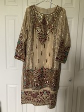 Handmade Pakistani Salwar Kameez 3pc Suit Beige Embroidered Silk Dupatta S/M.