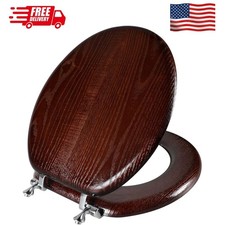 Wood Veneer Toilet Seat Dark Walnut Round Metal Hinged Easy Clean