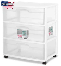 Wide 3 Drawer Cart, Clear Plastic Storage Drawers, Wheels Included, White