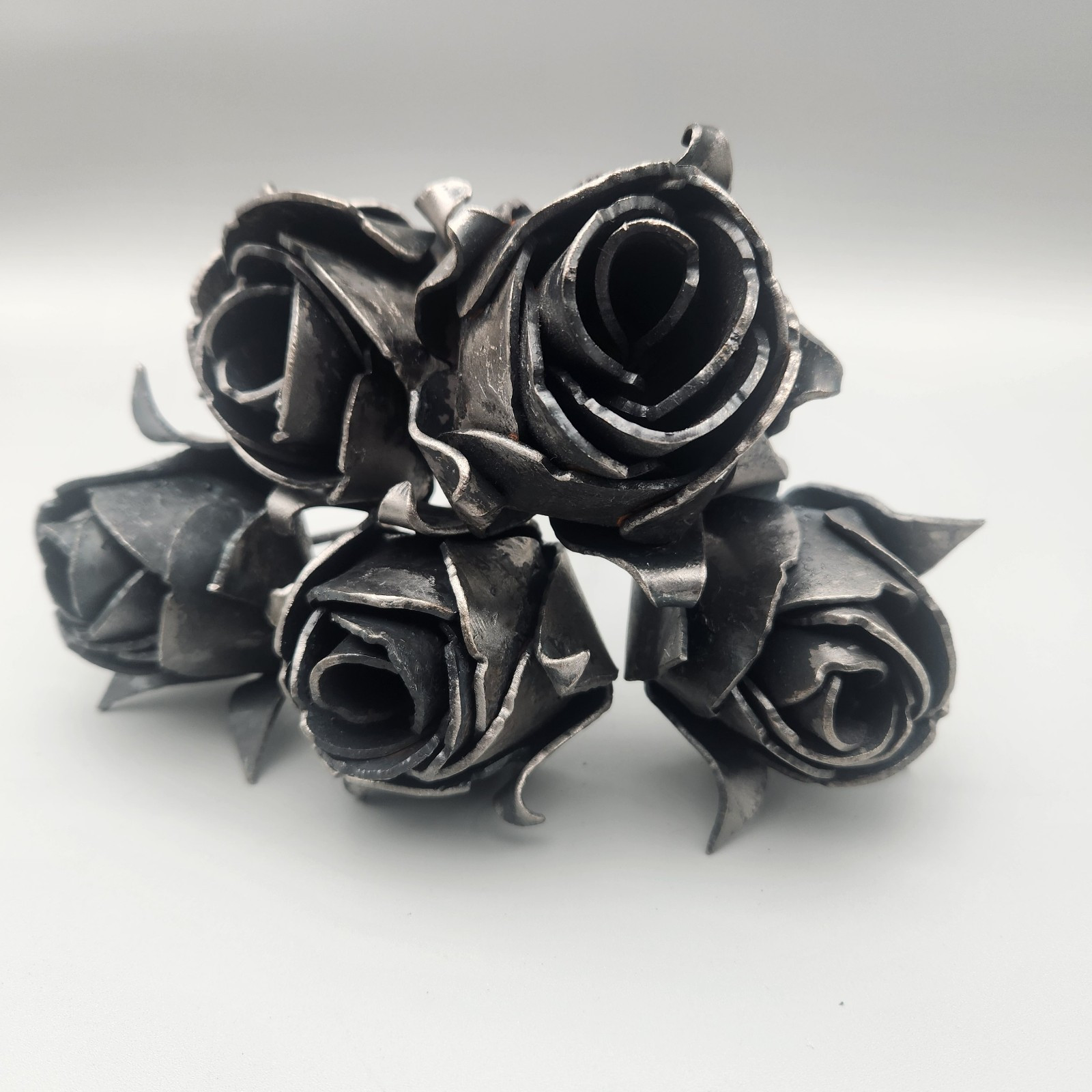 Bouquet (5) Hand Forged ROSES Iron Metal Brutalist  9" Tall ~ 5th Anniversary