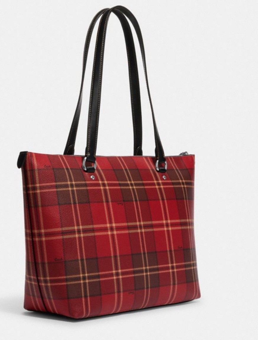 NWT Coach Gallery Tote In Signature Canvas With Plaid Print Red/Black Multi image 2