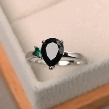 2CT Black Onyx Pear Gemstone 925 Silver Plated Minimal Ring Duty Free