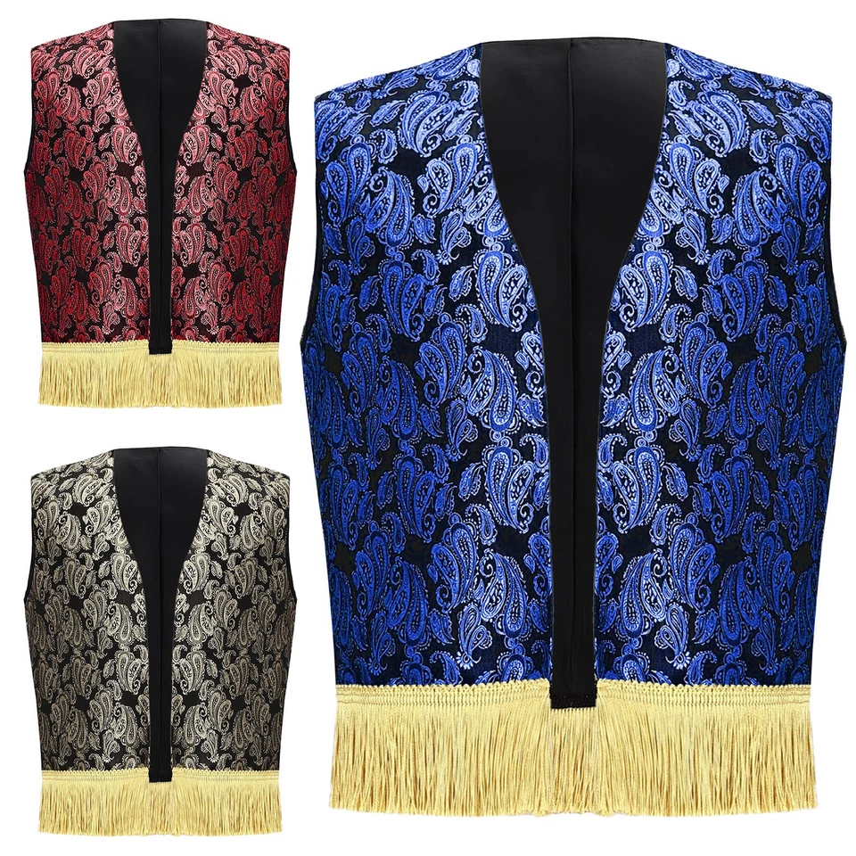 Kids Boys Arab Prince Cosplay Print Fringed Open Waistcoat Halloween Costumes - Image 2 of 4