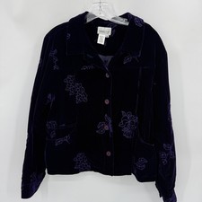 COLDWATER CREEK Purple Velvet Shacket Size M Embroidery Whimsygoth Jacket Velour