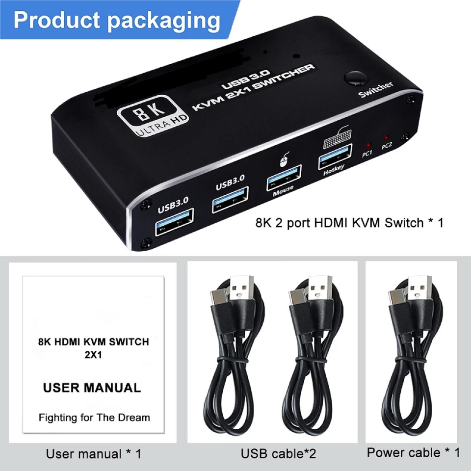 HDMI 2.1 KVM Switch 2X1 4K 120Hz 8K Dual Port USB 3.0 KVM Switcher with Hotkey f - Image 3 of 4