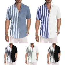 Mens Short Sleeve Dress Button Down Causal Shirt Fancy Striped Slim Fit T Shirt
