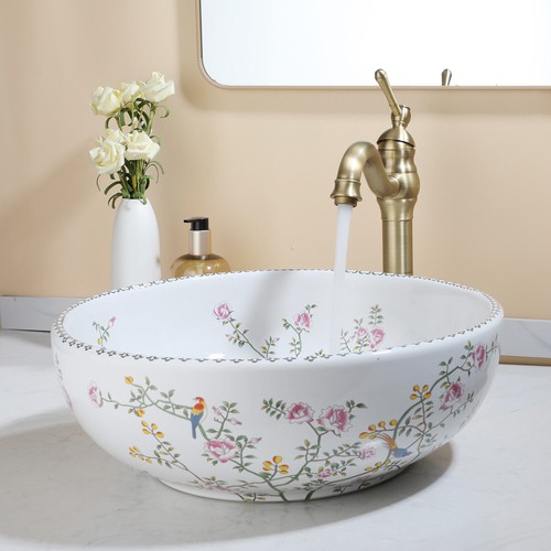 US Bathroom Vessel Sink Ceramic Round Flower Basin Antique Brass Drain Mixer Tap - Picture 7 of 9