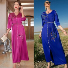 Satin Women Ramadan Abaya Long Maxi Dress Dubai Muslim Kaftan Party Islamic Gown