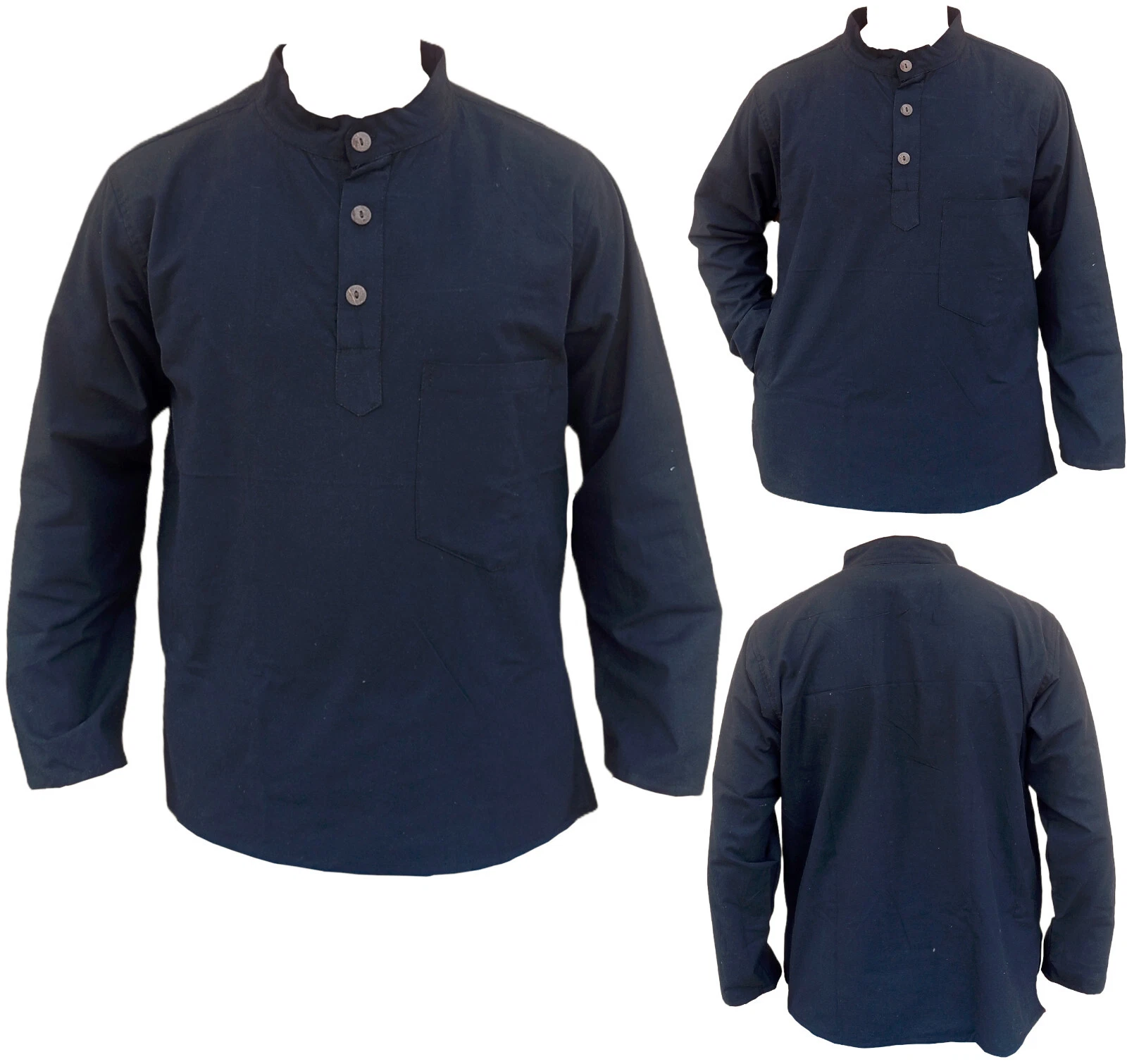 Men's Casual Indian Black Cotton Grandad Kurta Shirt Full Sleeve Collarless