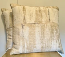 2 Ryan Studio Awash Beige White Gray Throw Pillows + Feather Inserts PAIR 22”