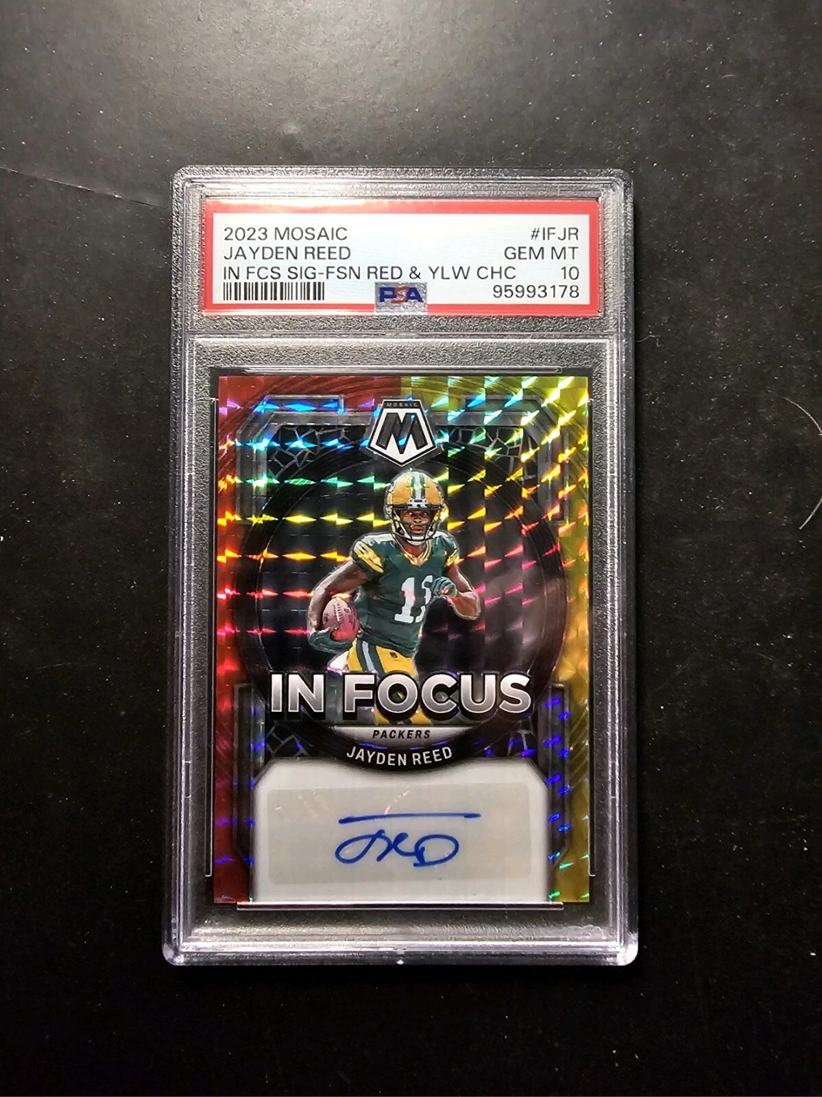 Jayden Reed Panini Mosaic in Focus Signature #IFJR Fusion Red & Yellow Choice