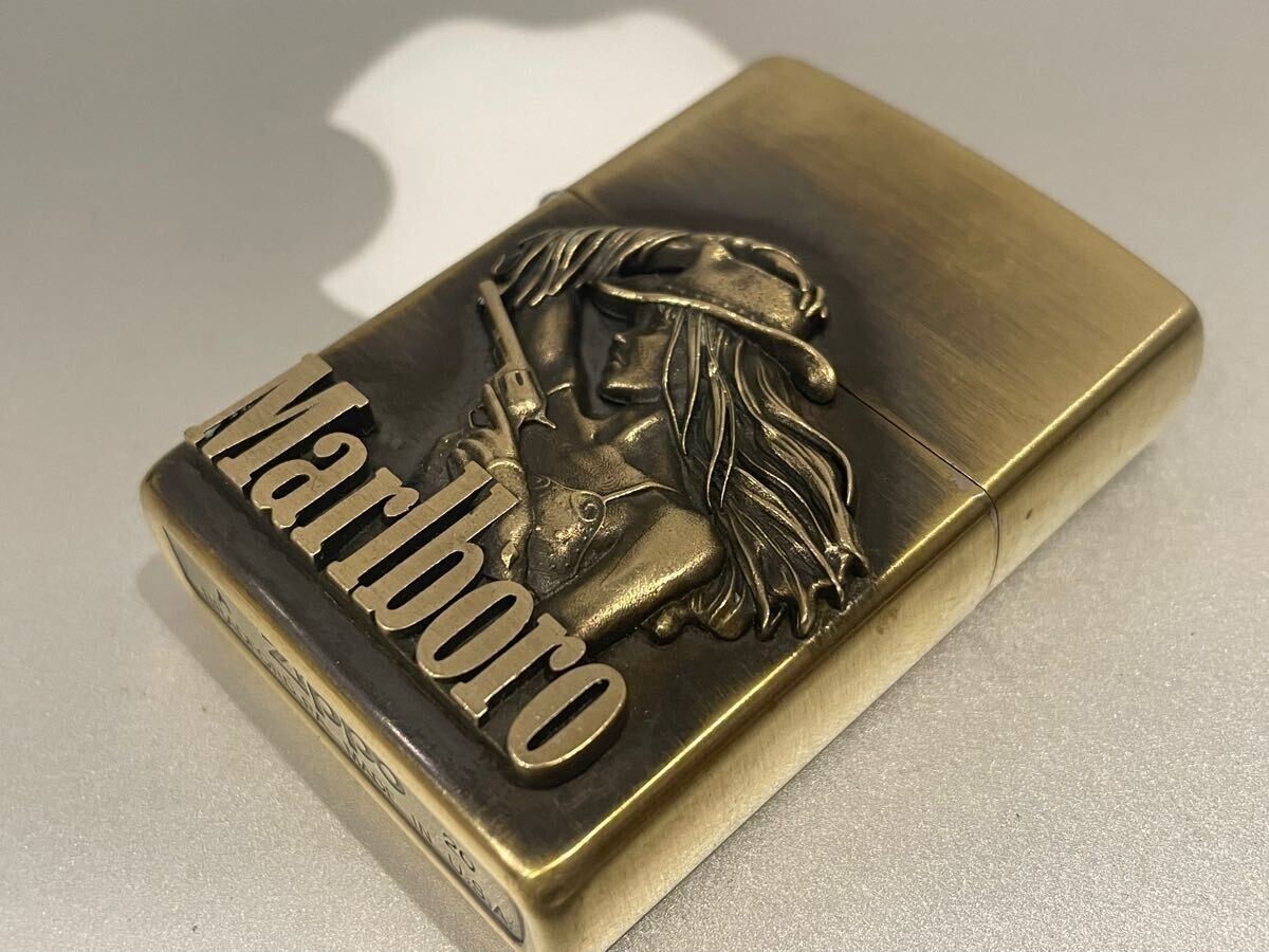 Zippo Marlboro Cowgirl Metal Logo Women Gun Etching Antique Gold