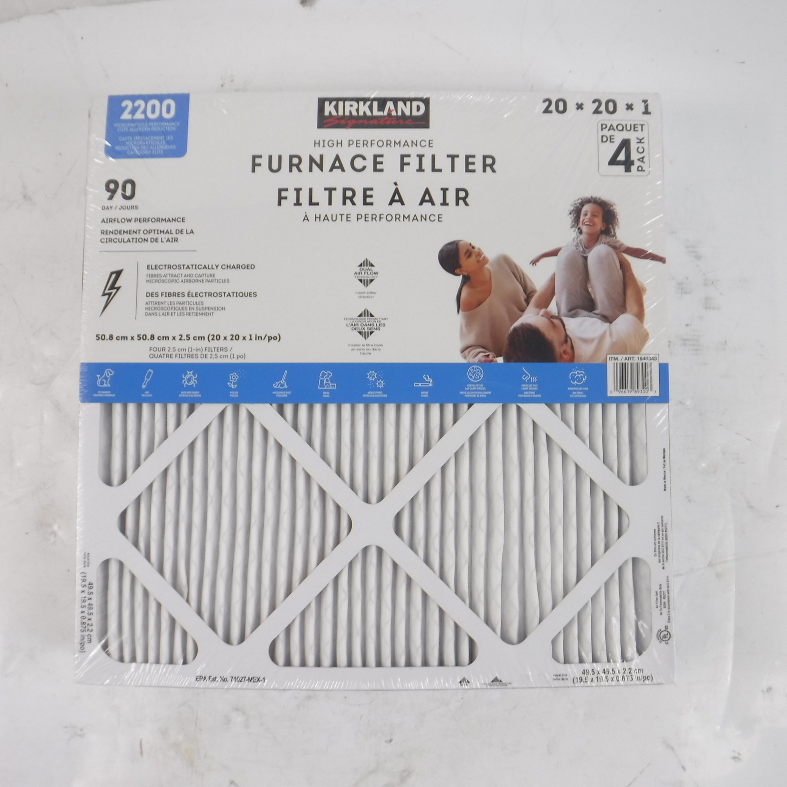 4 Pack Kirkland 2200 High Performance Furnace FIlters 20" x 20" x 1