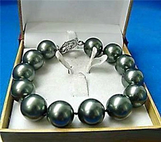 ¡GRANDE! Brazalete nudo cuentas redondas con concha de perlas del Mar del Sur negro de Tahití de 14 mm 8"" AAA+ Foto 2 de 3