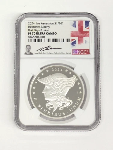 1 oz Silver Coin 2024 Ascension Island Helmeted Liberty Proof NGC PF 70 UCAM FDI
