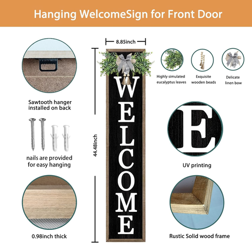 Welcome Sign for Front Porch Standing 45"X9"Large Wood Frame Outdoor Tall Welcom - Picture 2 of 12