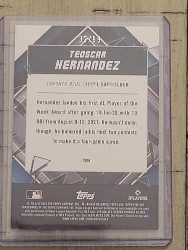 2022 Topps Fire - Viola #139 Teoscar Hernandez /99 - Foto 2 di 2