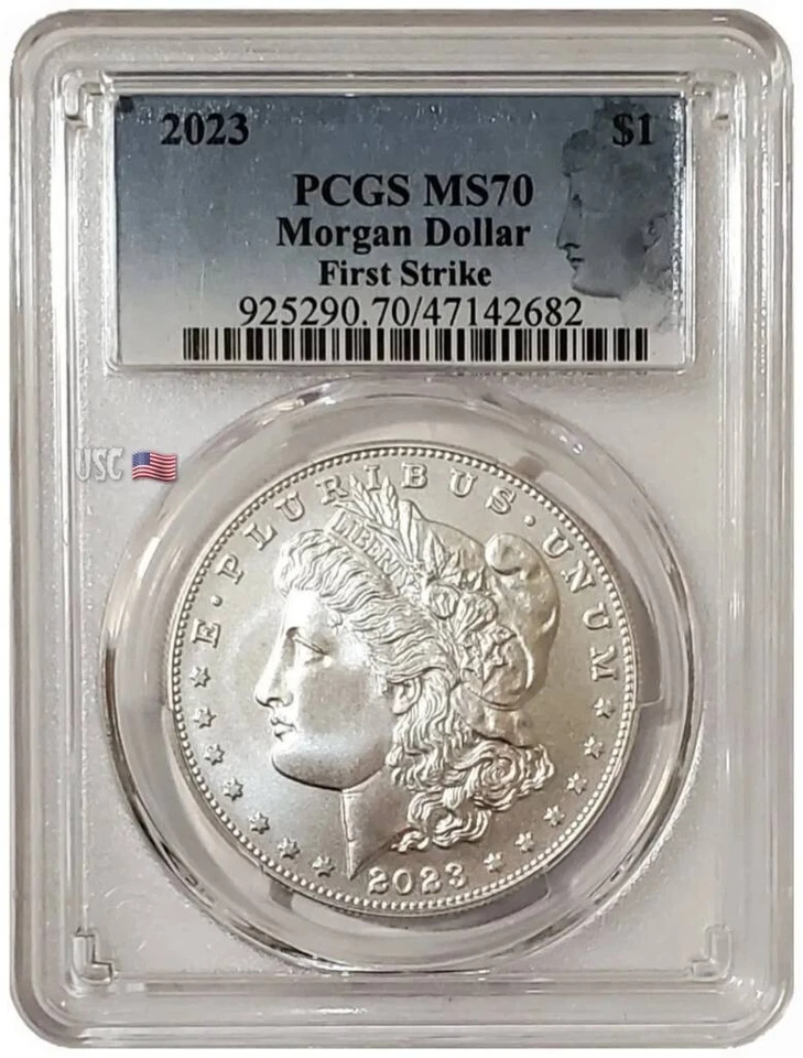 2023-P $1 MORGAN DOLLAR PCGS MS70 FS Morgan Blue Flag Label Silver Coin. - Image 3 of 3