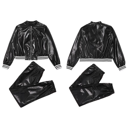 Kids Jazz Hip Hop Dance Costumes Boys Girls Shiny Metallic Jacket and Sweatpants - Picture 50 of 136