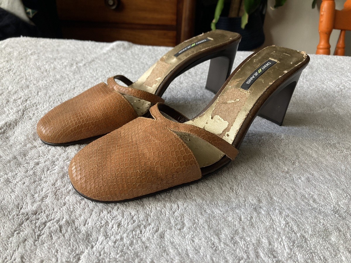 90s Y2K Vintage DKNY Heeled Sandals Mules Tan Snakeskin Leather US UK