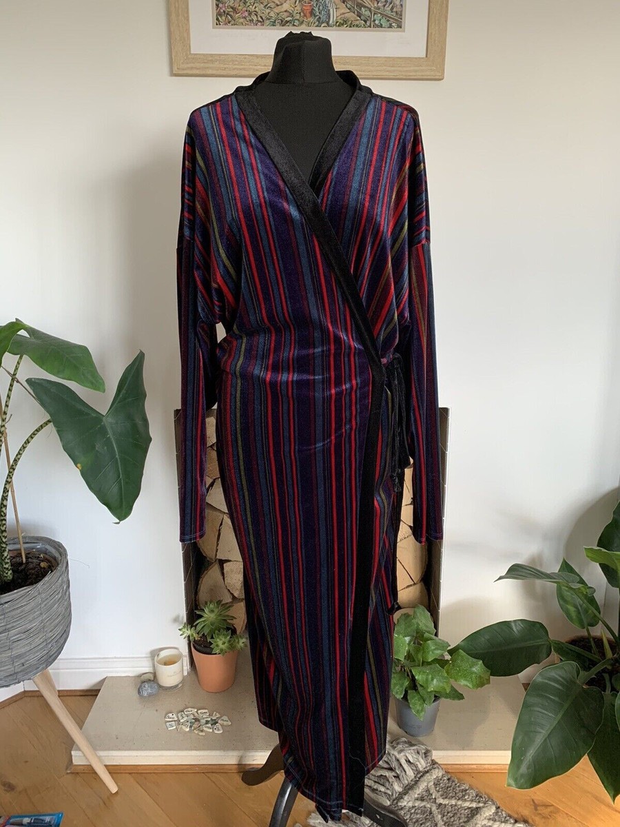 BNWT Zara Trafaluc Striped Velvet Kimono Wrap Tie Maxi Dress Robe