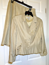 Talbots Sz 12P Silk Embroidered Beige Suit Floral Beaded Skirt Blazer Old Money