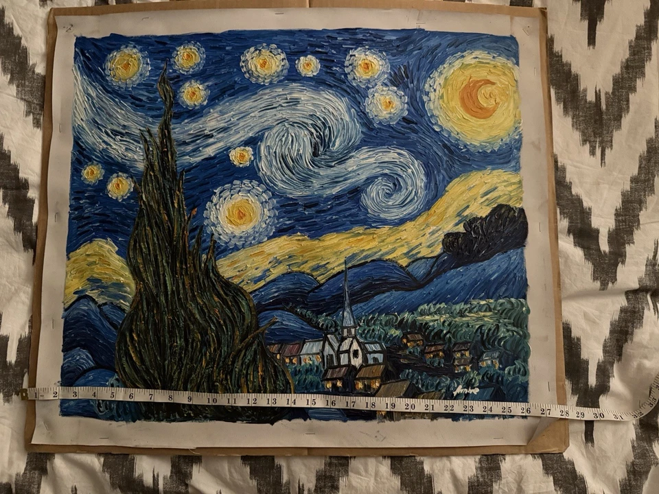 Hand-Painted Textured Starry Night Canvas Art – Van Gogh Reproduction  24x26 - Image 4 of 4