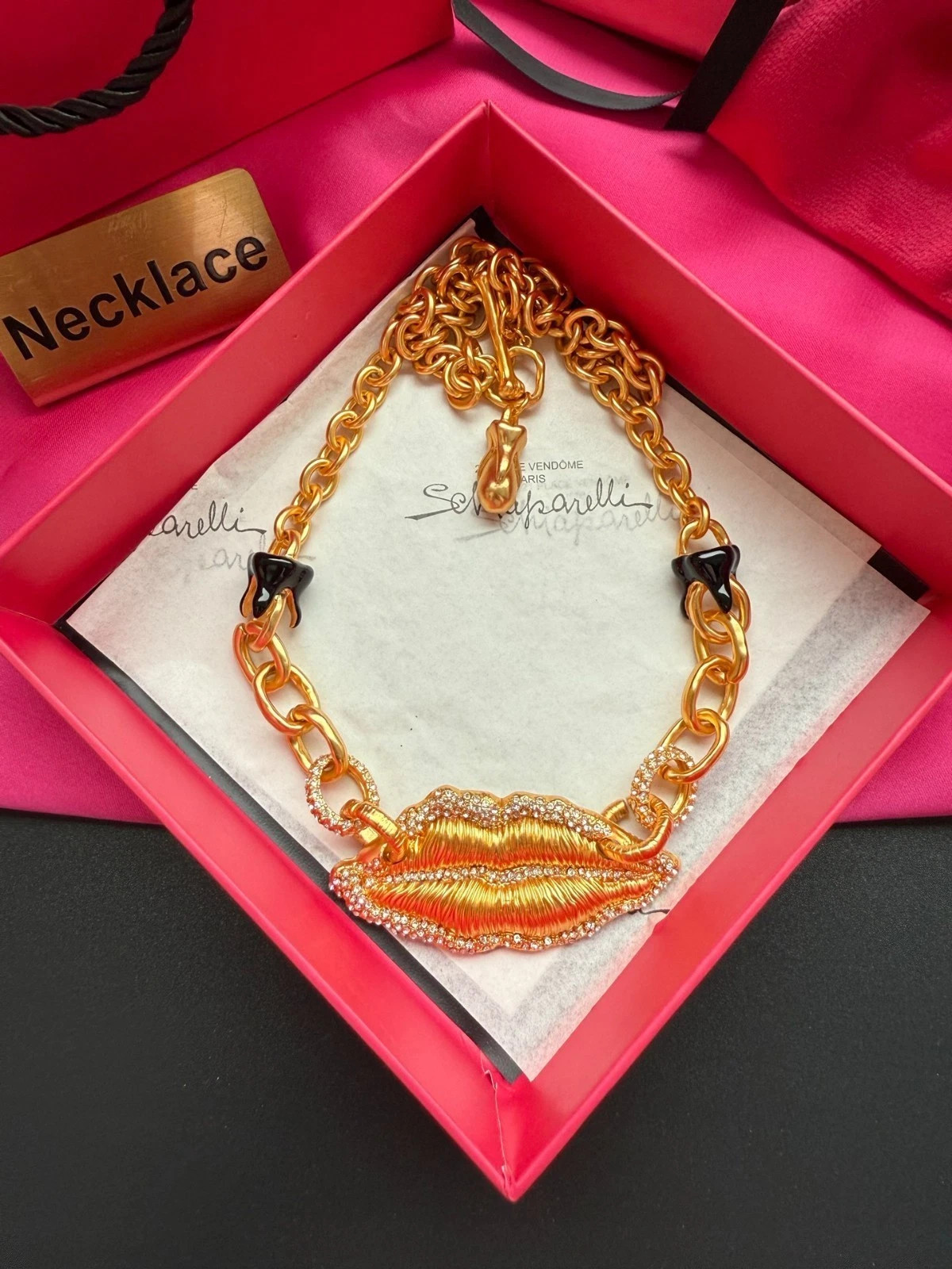 Schiaparelli Brass Mouth Necklace With Box and Dust Bag