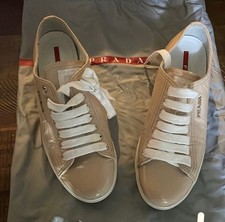 Prada Vintage Patent Leather Sneakers Pink Nude Logo Lace-Up Size 38-Linea Rossa