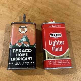 (2) Vintage Texaco Lighter Fluid Handy Tin Cans & Home Lubricant Tin 4oz