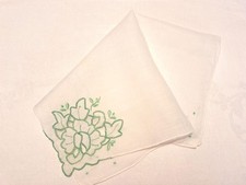 Great Vintage Embroidered Green Madeira Rose Corner Hand Rolled Hankie FREE SHIP