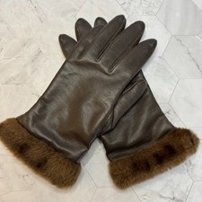 Vintage Fownes Brown Leather Womens Size 8 Lined Gloves Faux Fur Trim EUC