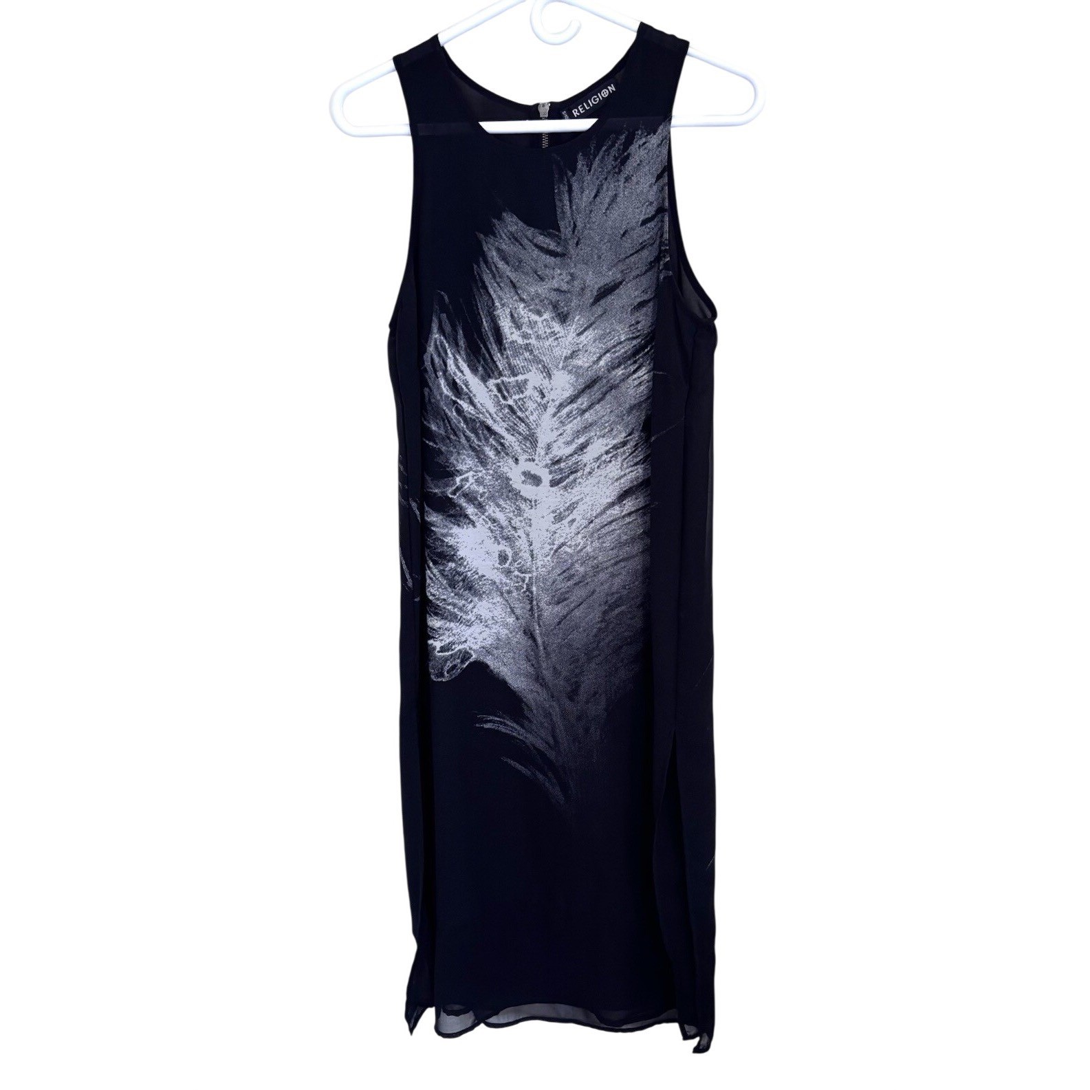 Religion Women's Small Shift Black Feather Print Zip Back Goth Stretch Dress