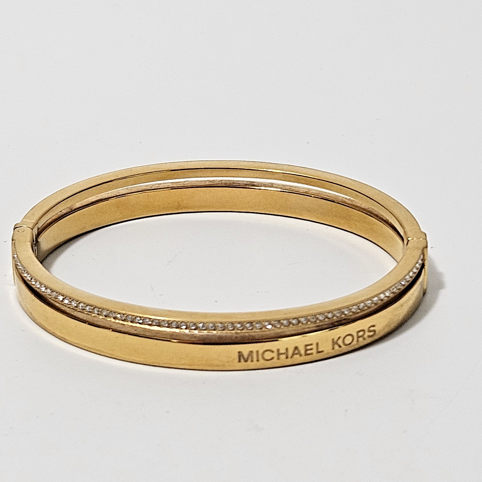 "Michael Kors Pave Crystal Hinged Bracelet Gold Tone Bangle Signed 6 3/4\""