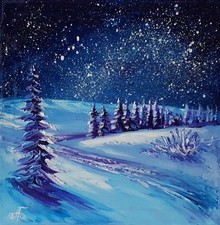 Starry Winter Night Snow Landscape Original Oil Painting Impressionist 10x10 Oil
