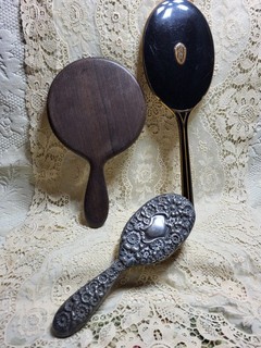 MIRROR & BRUSH LOT WOOD SILVER PLATE BLACK ENAMEL ART DECO USE REPURPOSE AS IS