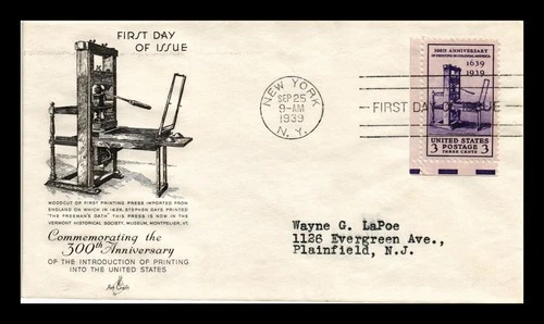 US COVER PRINTING 300TH ANNIVERSARY FIRST DAY ISSUE SCOTT 857 ARTCRAFT