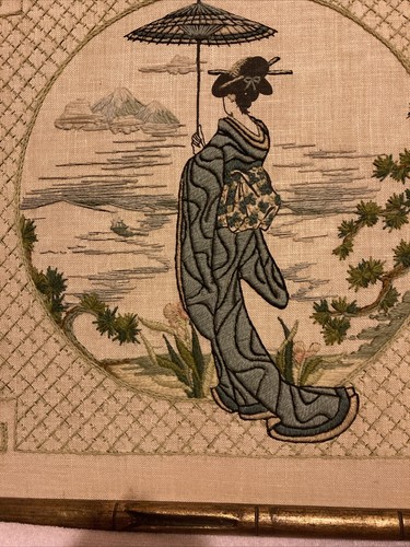 Vintage Antique Finished Asian Cross Stitch Japanese Geisha Umbrella Size 17X17” - Picture 9 of 9