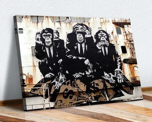 3 WISE MONKEYS BANKSY  CANVAS WALL GRAFFITI ART PRINT ARTWORK FRAMED POSTER