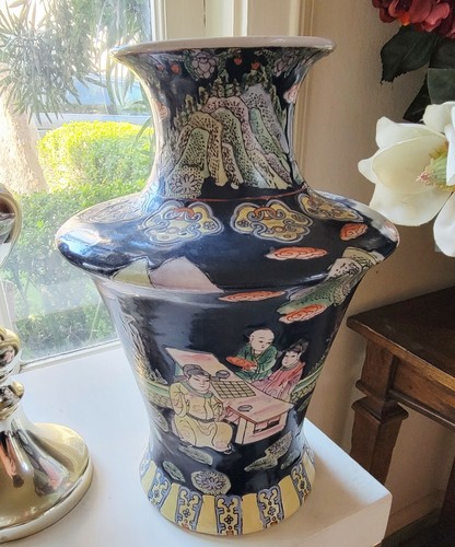 Antique Chinese Famille Noire Court Figural Porcelain Black Vase Raised Relief - Picture 7 of 12